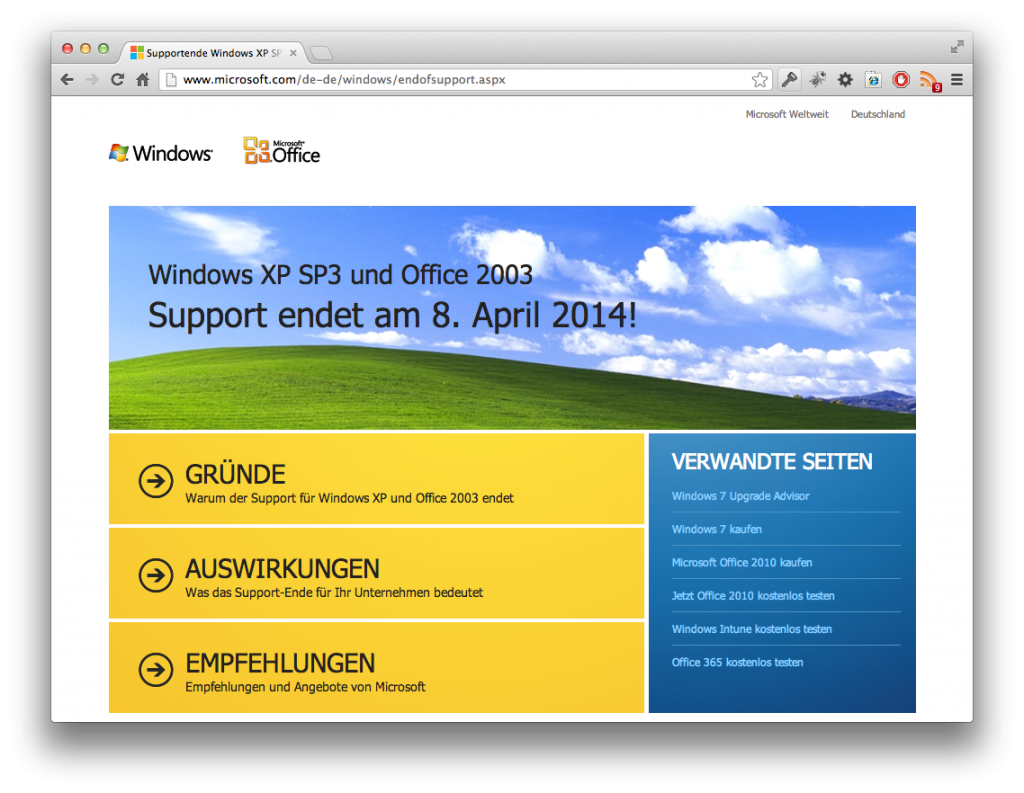Screenshot Supportende Windows XP